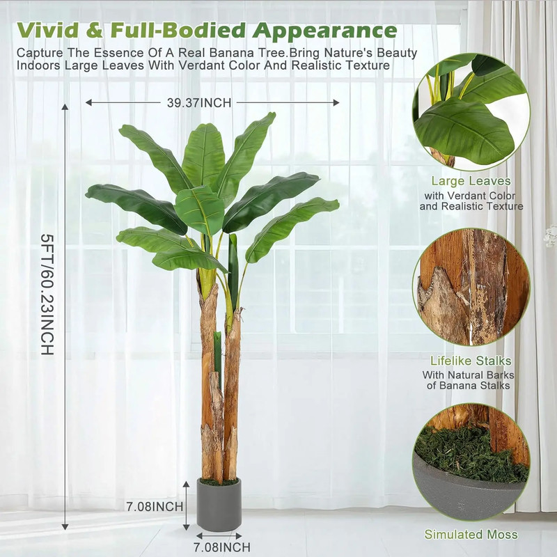 Artificial Banana Tree 7FT/6FT/5FT, Faux Banana Tree with Grey Planter, Artifici