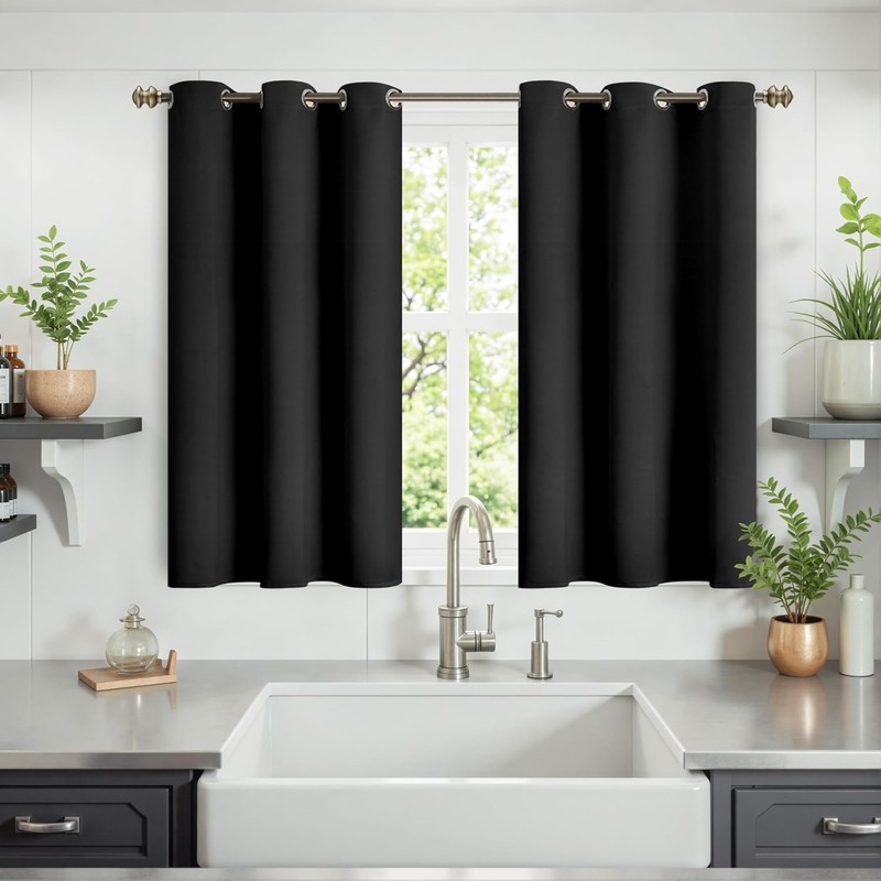 Short Blackout Curtains 40 Inch Length – Black Kitchen Window Drapes with