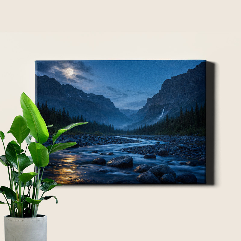 Moonlit alpine gorge river nightscape Canvas Art nocturnal landscape