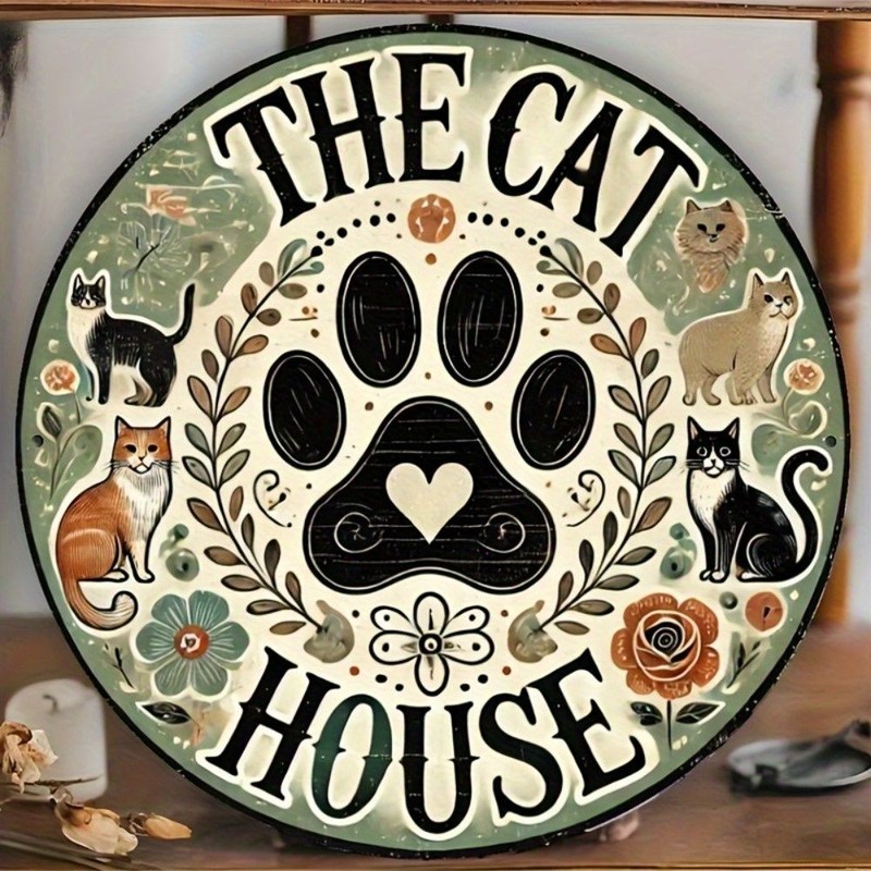 The Cat House Paw Print Floral Cat Portrait Metal Sign Vintage Cat Lover Decor
