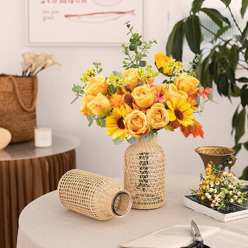 4 PCS Fall Golden Artificial Faux Silk Rose Sunflower Bouquet Centerpieces gallery
