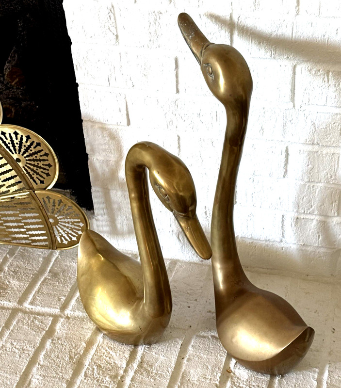 Vintage Huge Brass Swan Figurines 22” and 17” Set MCM Hollywood Regency Rare gallery