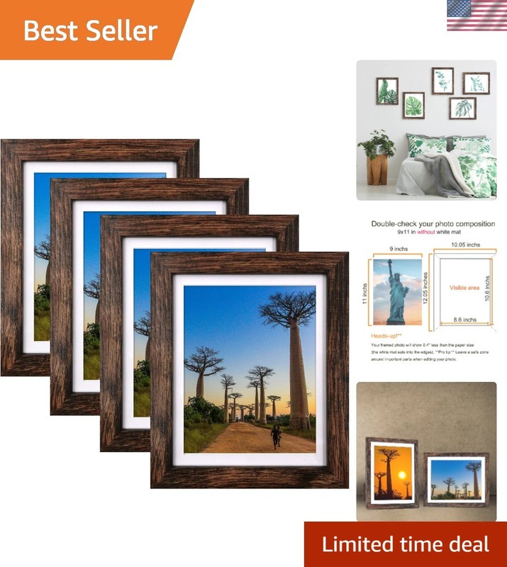 Set of 4 Rustic Brown 8×10 Picture Frames with Mat for Elegant Home Display