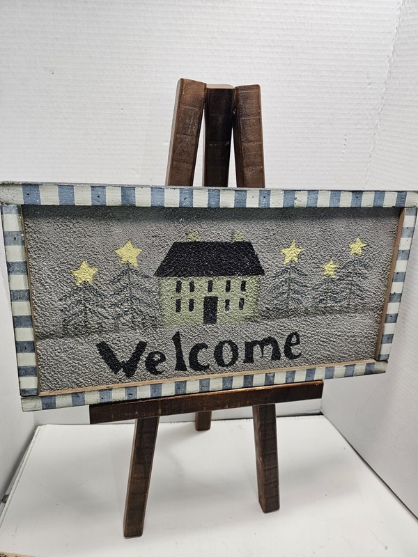 Vintage Rustic Farm House Hand Painted Country Folk Art Wood Welcome Sign 