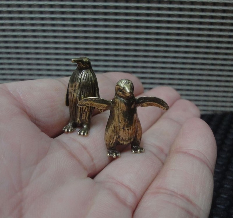 Pair of Vintage Solid Brass Little Penguins Animal Figurine Statues Sculptures