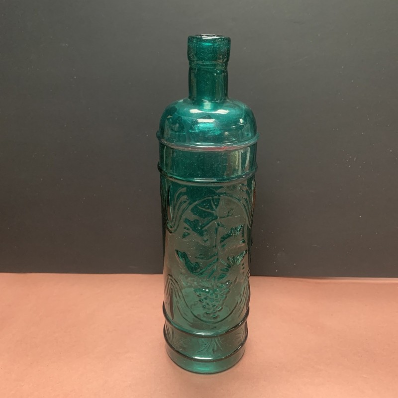 Decorative Glass Bottle Green Embossed Grapes Empty Cork Fill Inside 11.5″