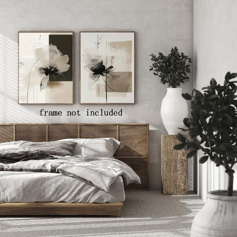 Minimalist Abstract Floral Wall Art Prints Set of 2 Neutral Beige Black Flowe... gallery