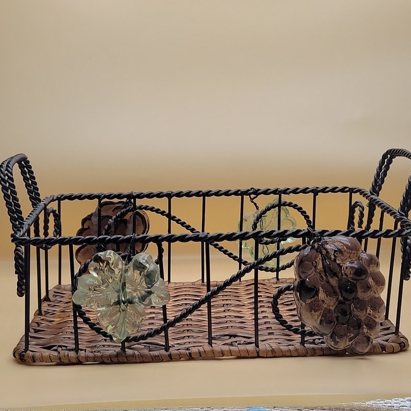 Rectangular Wicker Metal Basket with Glass Grape and Leaf Accents