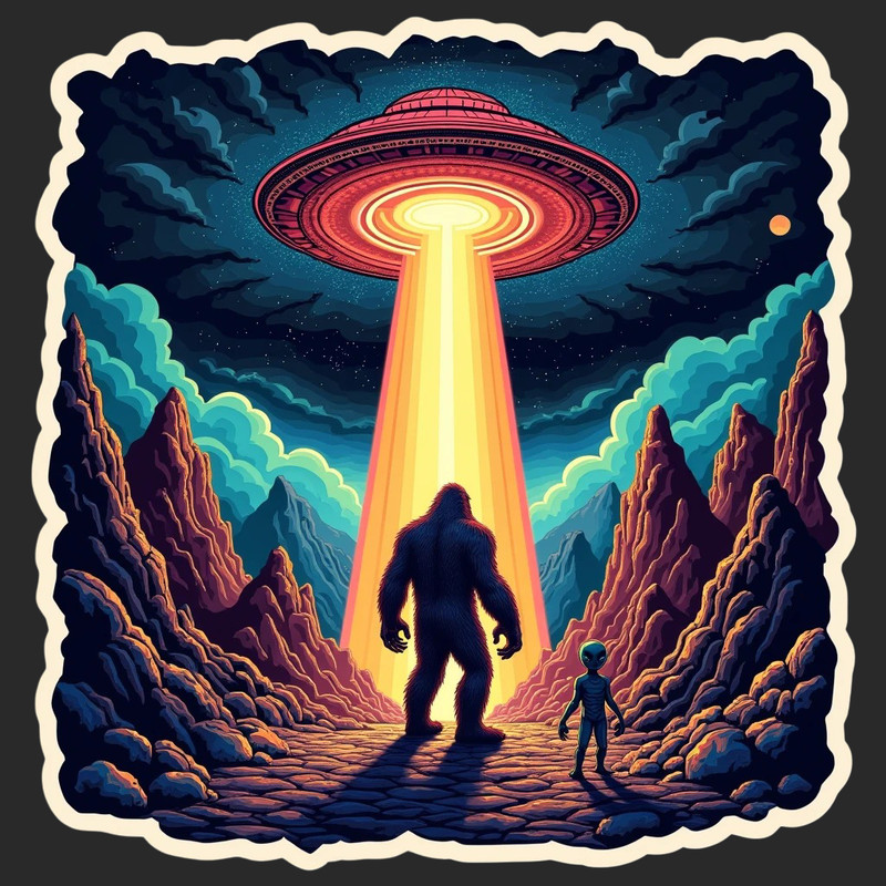 Bigfoot alien sticker vinyl decal fantasy mystical UFO cryptid nature 6″