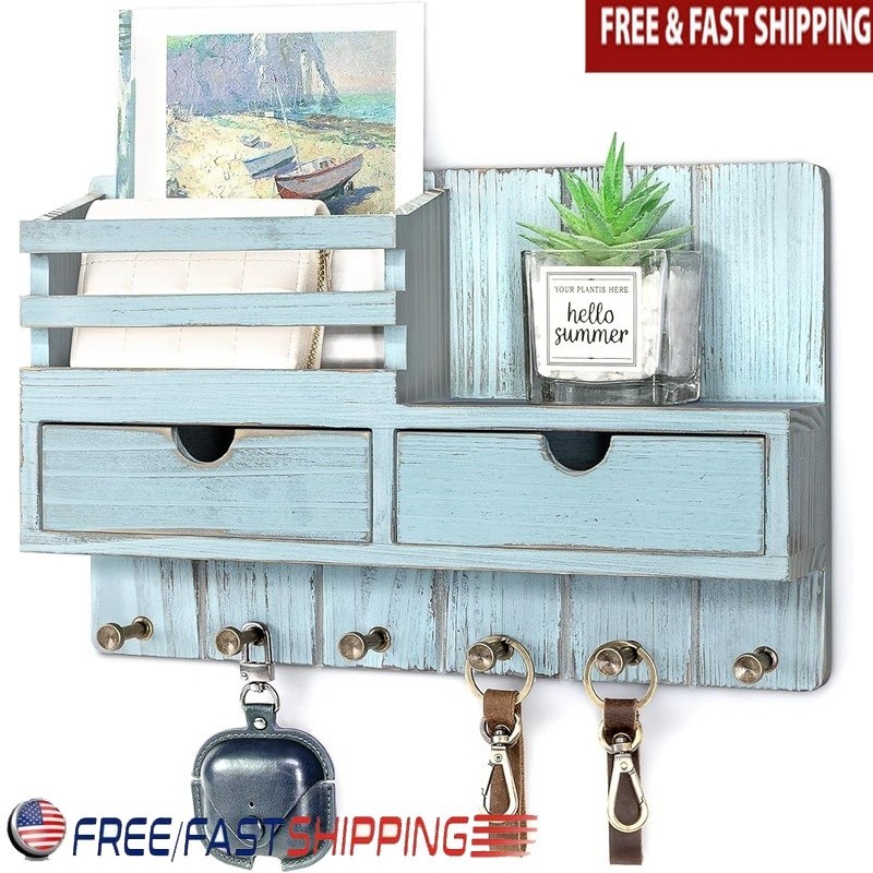 Wall Mounted Mail Organizer W/ Dual Drawer Key Hooks & Rustic Home Decor New