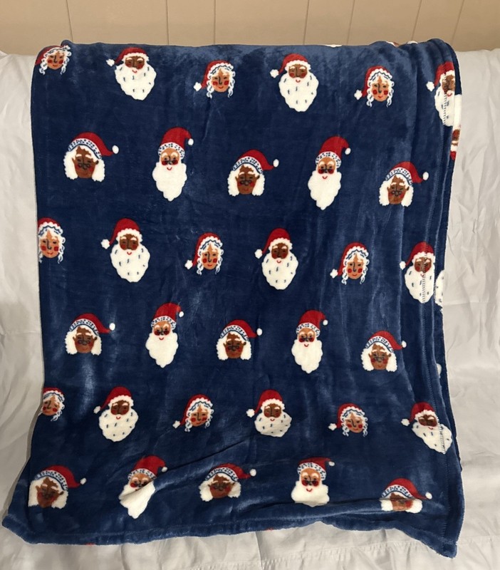 Soft Blue Holiday Themed Diverse Santa Claus Faces Blanket 86”x 60” Christmas