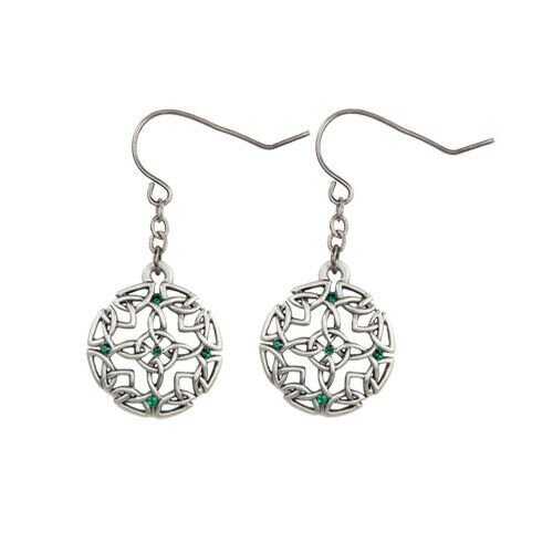 Celtic Round with Green Crystal Pewter Earrings Jewelry- Mystica Collection