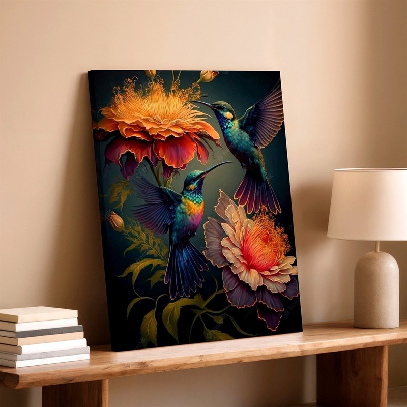 Wall Art Colorful Hummingbird Birds Floral Painting Print Dark Botanical Decor gallery