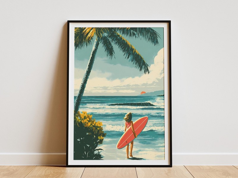 Surfer Girl Paddling Out at Sunrise Hawaiian Travel Poster, Beach Wall Art