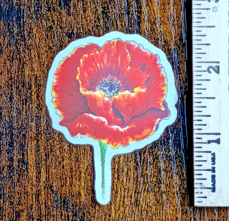 Poppy Sticker Beautiful Flower Vintage Style Car Laptop Phone Red w/ Green Stem