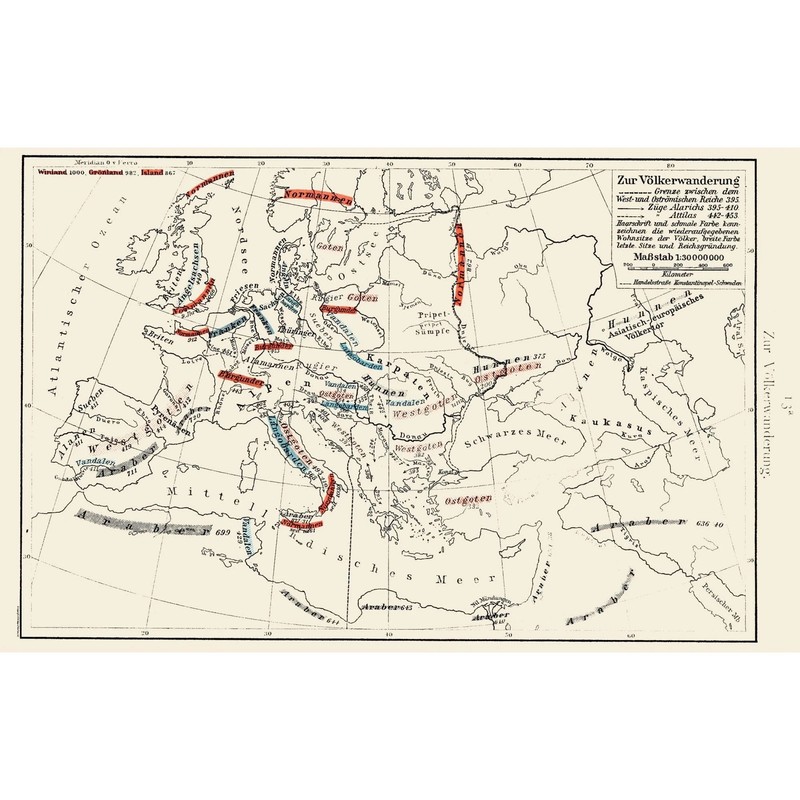 Historic Map – Europe Migrations 395-453 – Putzgers 1897 – Vintage Wall Art