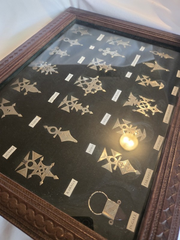 Wall Art 21 African Tuareg Silver Crosses Display Tooled Leather Frame W/ Glass gallery
