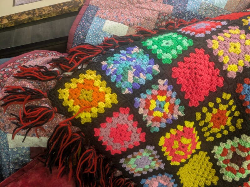 Vintage Fringed Granny Square Afghan Blanket 58" X 62" gallery