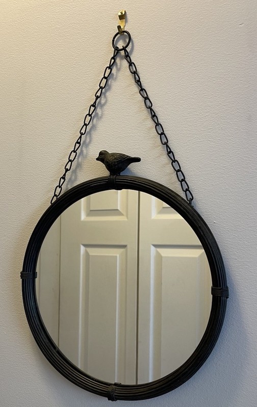 Round Metal Hanging Mirror w/ Chain Home Decor- Bird Accent Black Bird 11 Inches