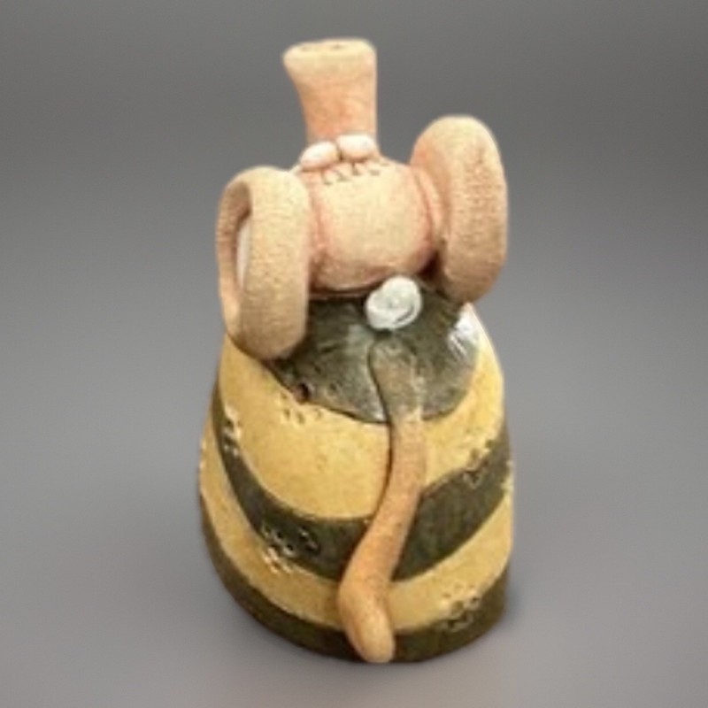 Whimsical Ceramic Elephant Figurine Bell Striped Tusks Up Eyes Artsy Handcrafted gallery