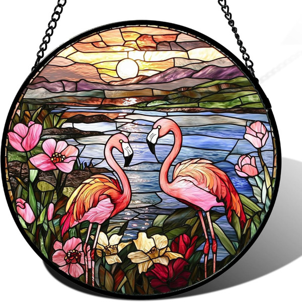 SUNCATCHER- Flamingos – 8″x8″ Acrylic Window Hanging Ornament – Tropical Animal
