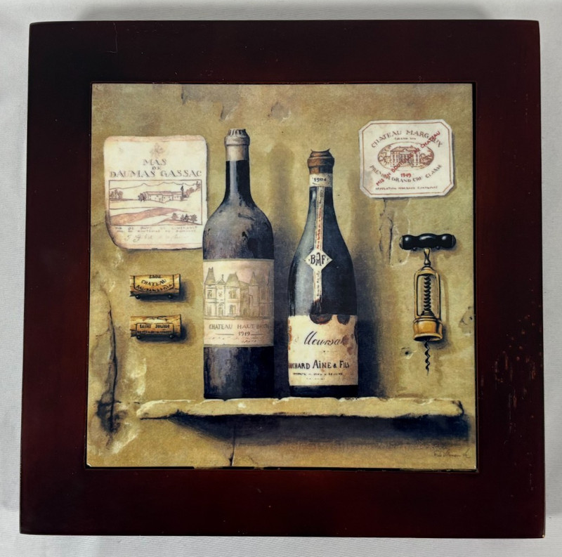 Mark Hageman Framed wine bottle art piece, likely a Ceramic tile trivet or wall