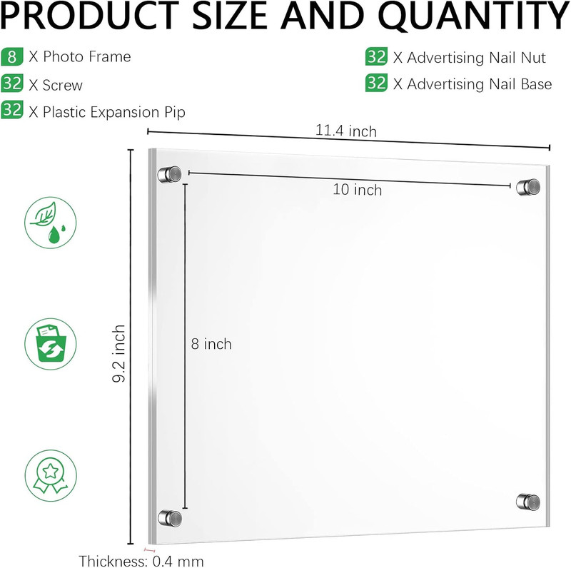 8 Pack Acrylic Floating Picture Frames for 8x10 Photos - Wall Mount Display gallery