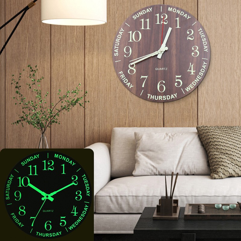 12Inch Large Modern Luminous Night Light Wall Clock Silent Wood Battery operated gallery