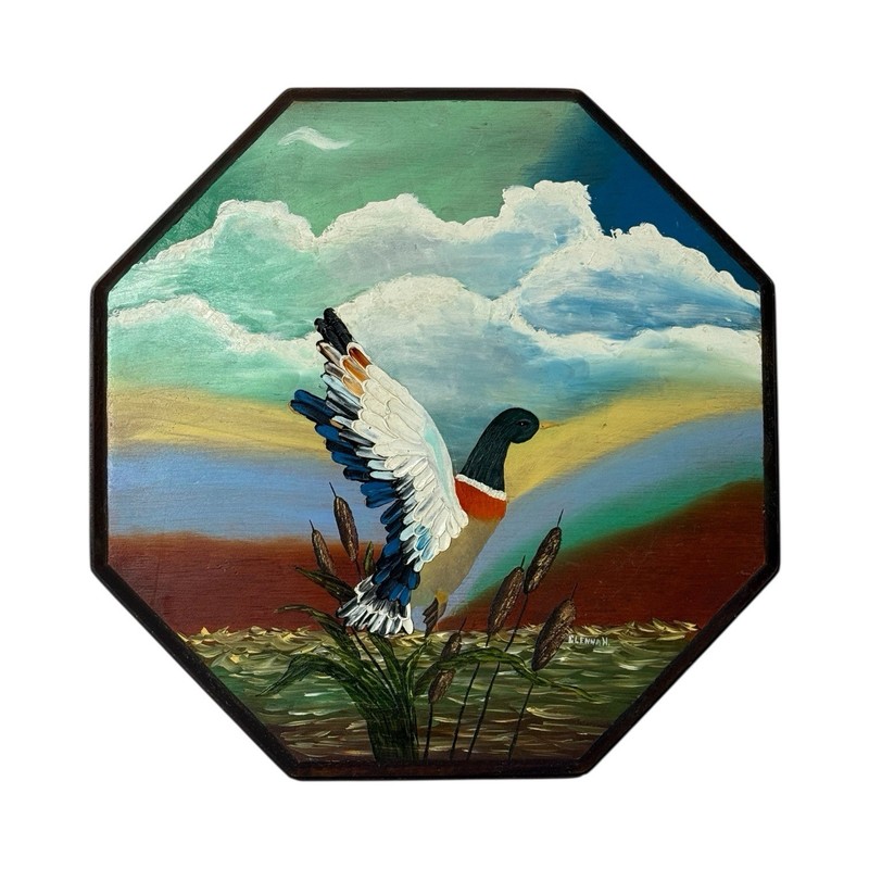 Hand Painted Goose Flying Octagon Wooden Plaque By Glenna H.
