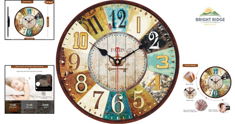 Decorative 14 Inch Wooden Wall Clock with Non-Ticking Mechanism for Quiet Spaces gallery