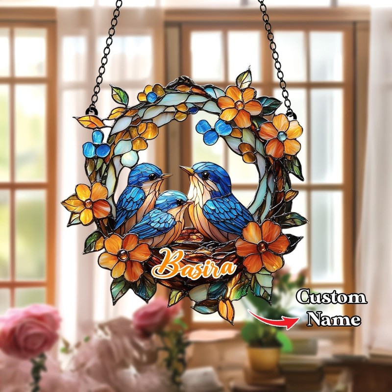 Birds Floral Wreath Acrylic Suncatcher Faux Stained Glass Window Hanging Decor