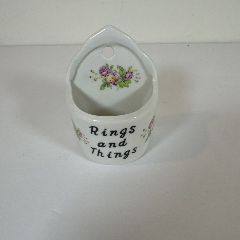 Vintage Porcelain Rings And Things Jewelry Trinket Holder Floral Wall Pocket