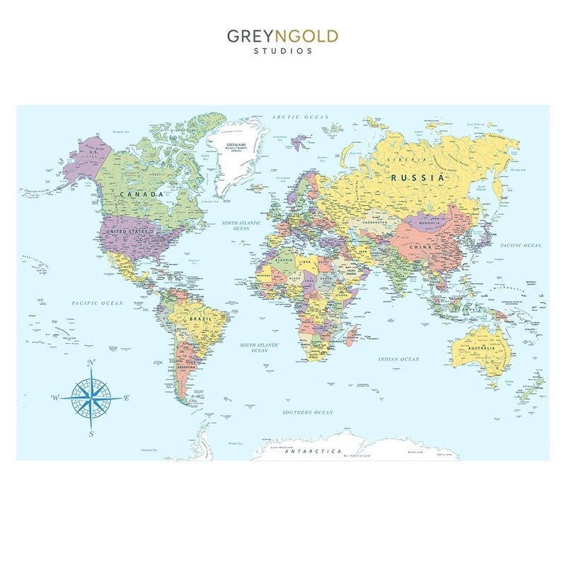 Detailed World Map Educational Poster Wall Art Print pick size A4/A3/A2/90x60cm