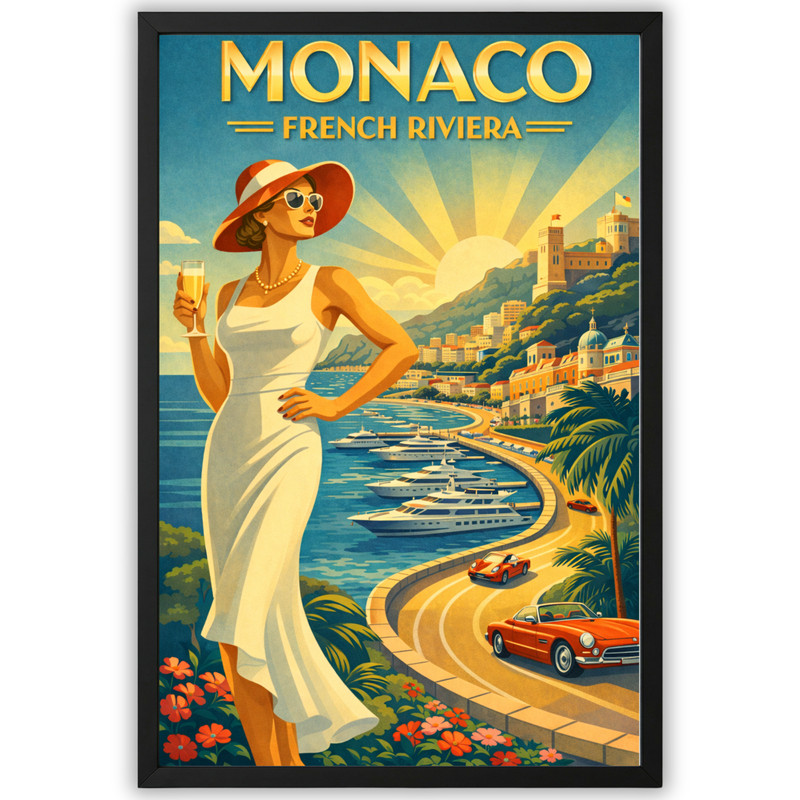 Vintage Monaco Travel Poster Framed 11×17 Retro French Riviera Wall Art Print