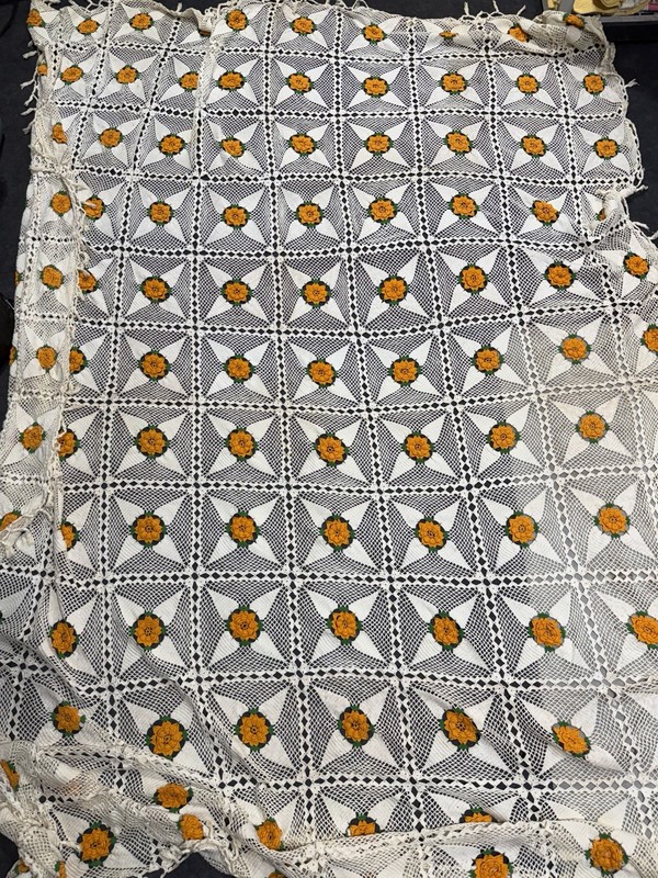 Vintage Crochet Blanket Fall Color Handmade Orange Green White 134″x96″ Blanket