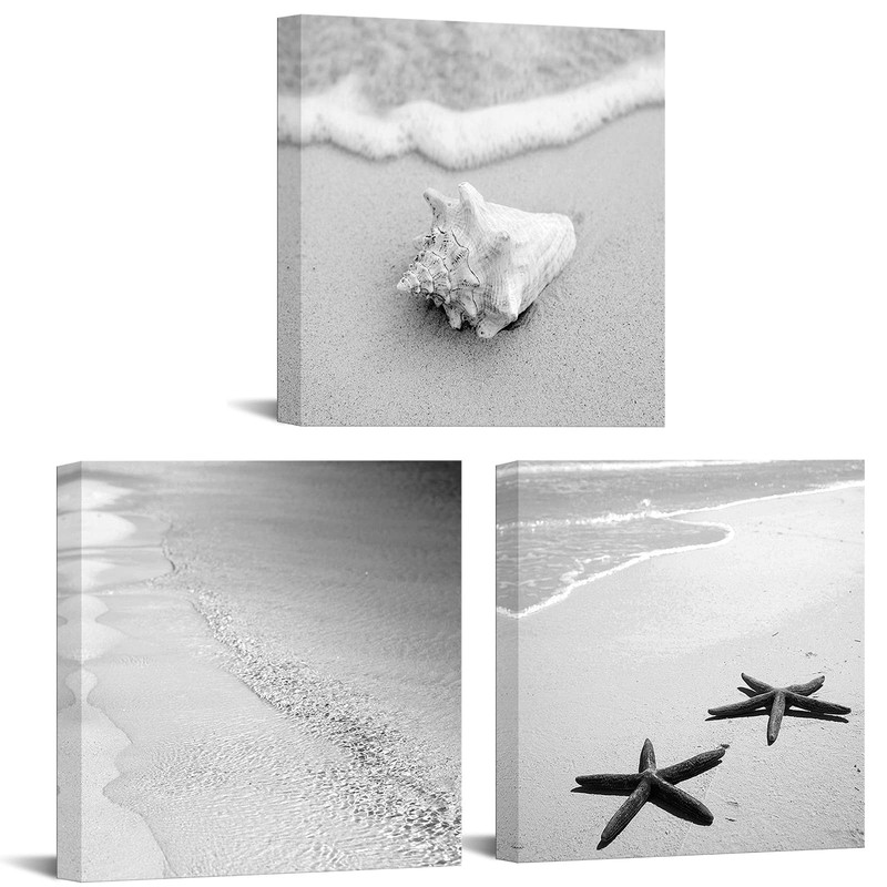 Beach Bathroom Decor Black and White Ocean Picture Shell Starfish Canvas Pain…