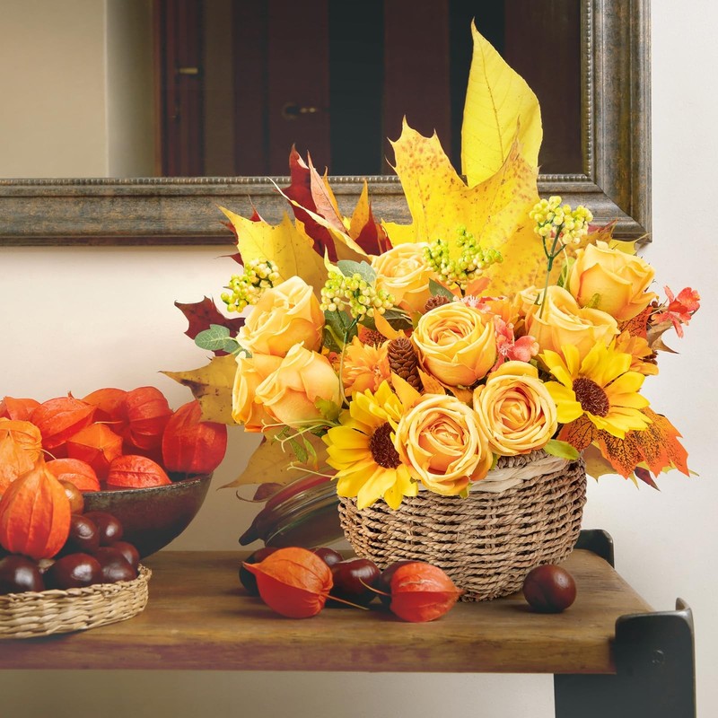 4 PCS Fall Golden Artificial Faux Silk Rose Sunflower Bouquet Centerpieces gallery
