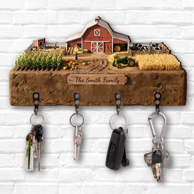 Beautiful Farm Scene Key Holder With Tractor And Barn – Personalized Key Holder