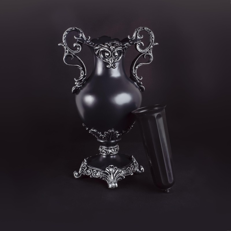 Gothic Victorian Resin Vase with Lace Doily – Waterproof 14" Black/Silver gallery