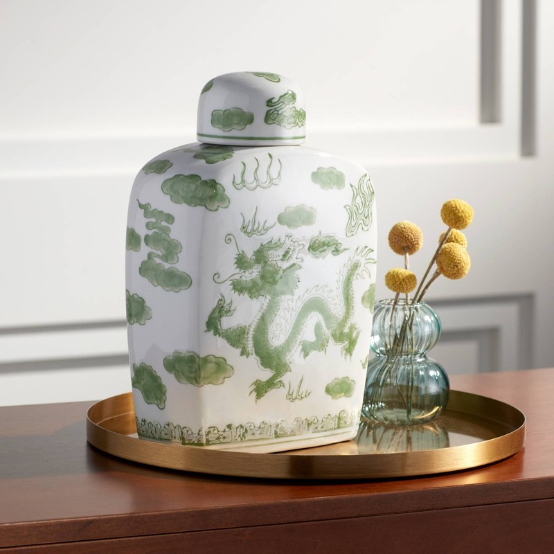 Sansui 10 1/2″H Green and White Ceramic Ginger Jar with Lid