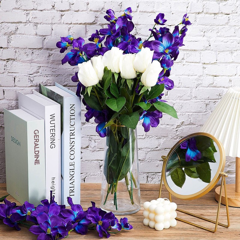8 Pieces 27 Inches Artificial Purple Blue Orchid Faux Flowers Purple Orchids Sil gallery