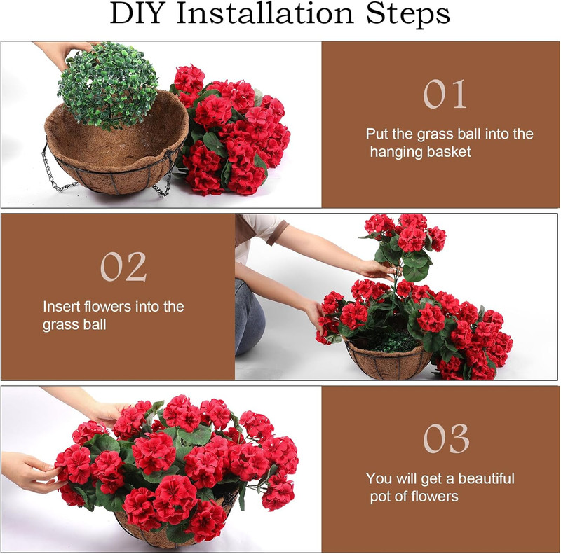 2 Set Artificial Red Geraniums Flowers for Outdoors with Hanging Baskets, 2 Hang gallery