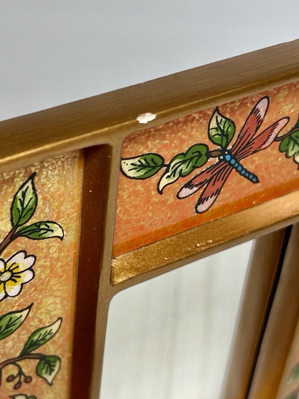 Hand Painted FLORAL DRAGONFLY Peruvian Wood Mirror Glass Reverse Painted Glass gallery