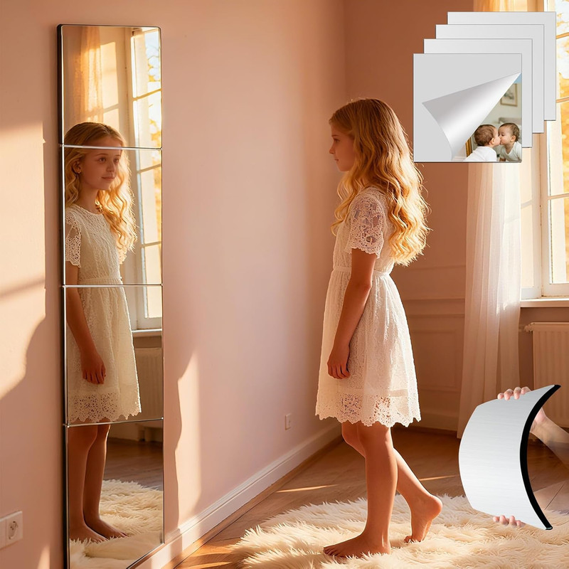 Unbreakable Kids Mirror Tiles for Wall Decor, 4 PCS 8 X 8 Inches Toddler Mirr…