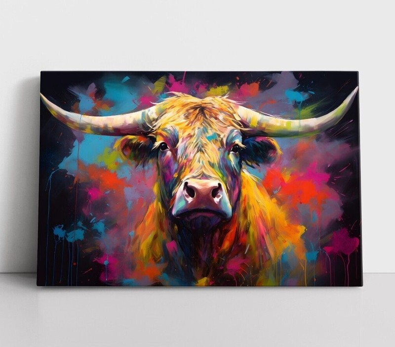 Colorful Cow Oil Painting Print Framed Canvas Farm Animals Wall Art Cattle Ranch