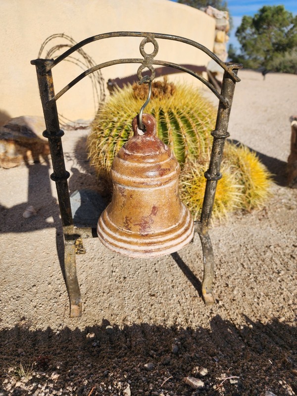 Large Rustic Clay Hanging Bell w Wrought Iron Stand Clapper Mission Southwestern gallery