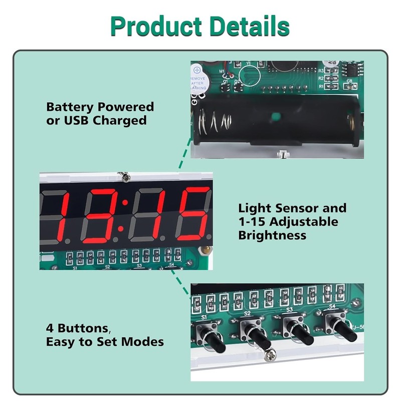 Compact Rechargeable LED Digital Clock Kit - Ideal for DIY Electronics Projects gallery