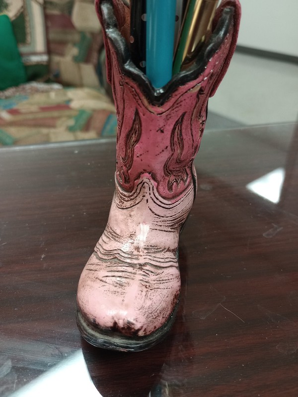 Pink Western Rustic Cowboy Cowgirl Hand Tooled Leather Look Boot Pen Holder gallery
