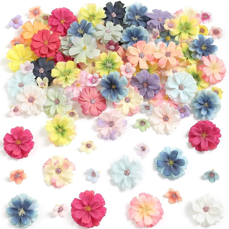 90 PCS Multicolor Mini Artificial Silk Flower Heads Peony Daisy Rose Crafts
