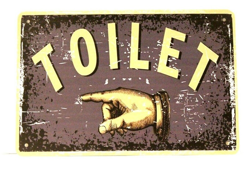 Restrooms Toilets Tin Sign Toilet This Way Arrow Pointing Vintage Style Rustic